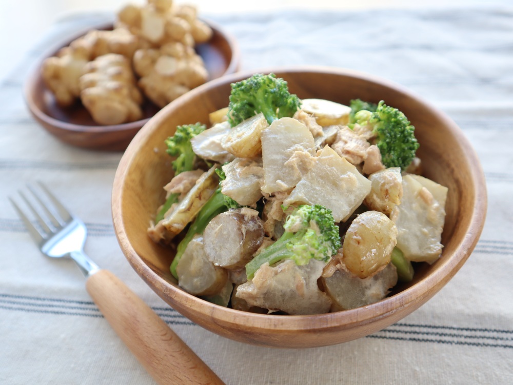 シャキシャキとした食感の菊芋をブロッコリーとツナマヨで和えた逸品