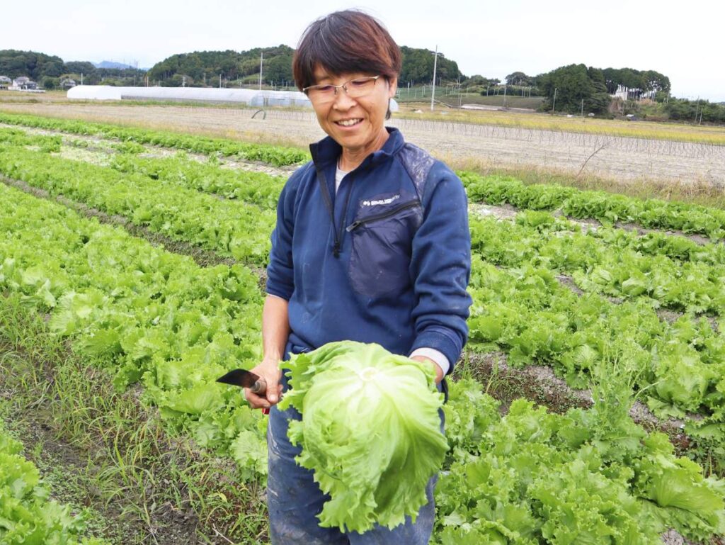 塚本さんがレタスを持っている写真