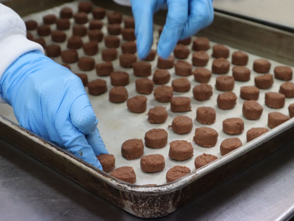 カットされた生地を手作業で焼成プレートに並べる