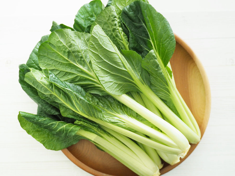 ザルに盛られた1把の新鮮な小松菜