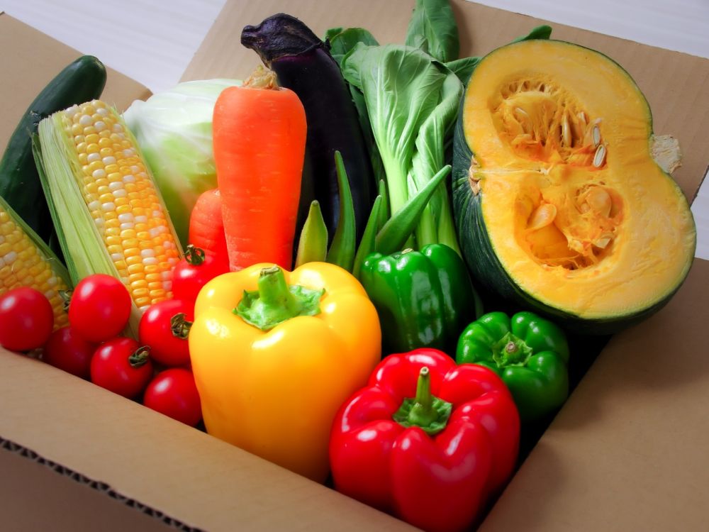 段ボールいっぱいの新鮮な野菜